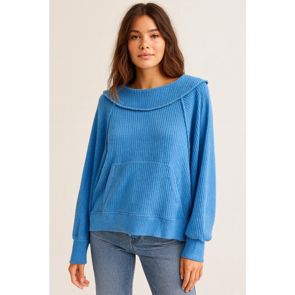 Free People We The Free West End Thermal Waffle Knit Top Blue XS Oversized